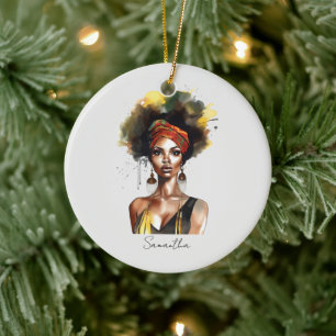 Black Woman Wearing Ethnic Headwrap Ceramic Tree Decoration