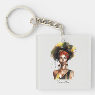 Black Woman Wearing Ethnic Headwrap Key Ring