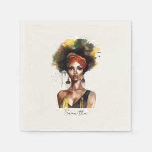 Black Woman Wearing Ethnic Headwrap Napkin