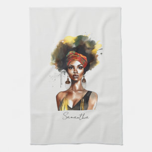 Black Woman Wearing Ethnic Headwrap Tea Towel