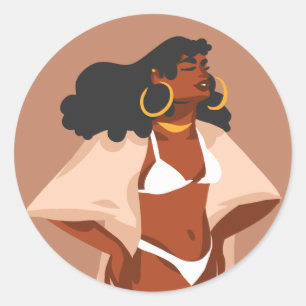Black Woman, White Bikini, Beach Ready Classic Round Sticker