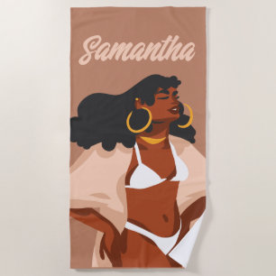 Black Woman, White Bikini, Beach Ready Towel