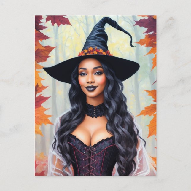 Black Woman Witch Autumn Leaves Postcard (Front)