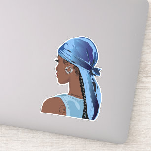 Black woman with a colourful durag artwork