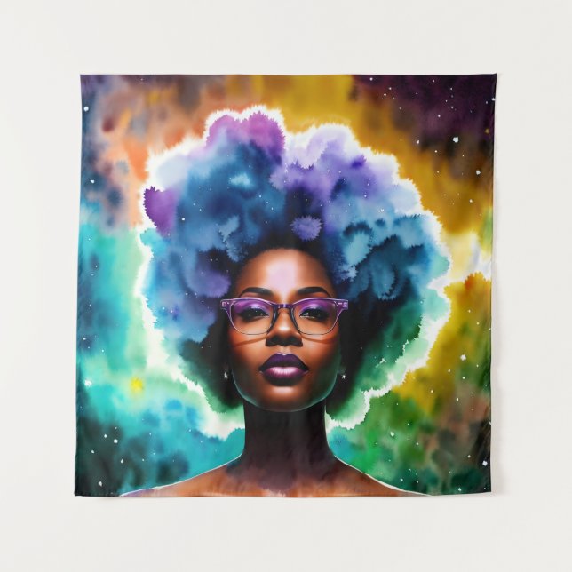Black Woman With Afro Hair In Glasses Galaxy Art Tapestry (Front)