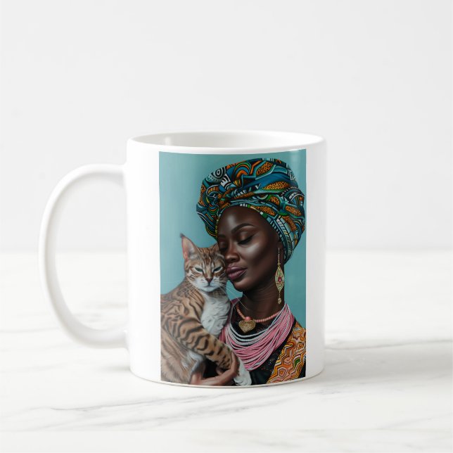 Black Woman With Cat Coffee Mug (Left)