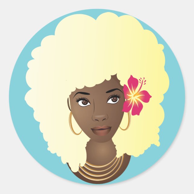 Black Woman with Flower in her Blonde Afro, Blue Classic Round Sticker (Front)