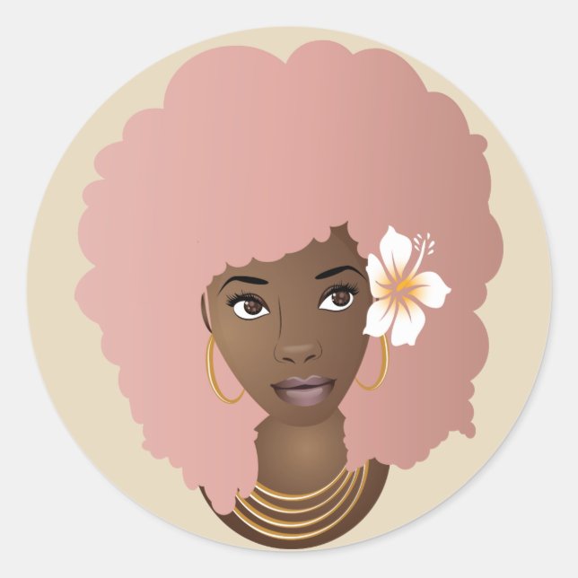 Black Woman with Flower in her Pink Afro, Beige Classic Round Sticker (Front)