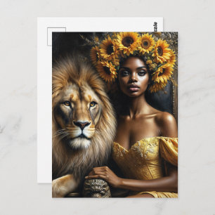 Black Woman With Lion Sunflower Leo Postcard