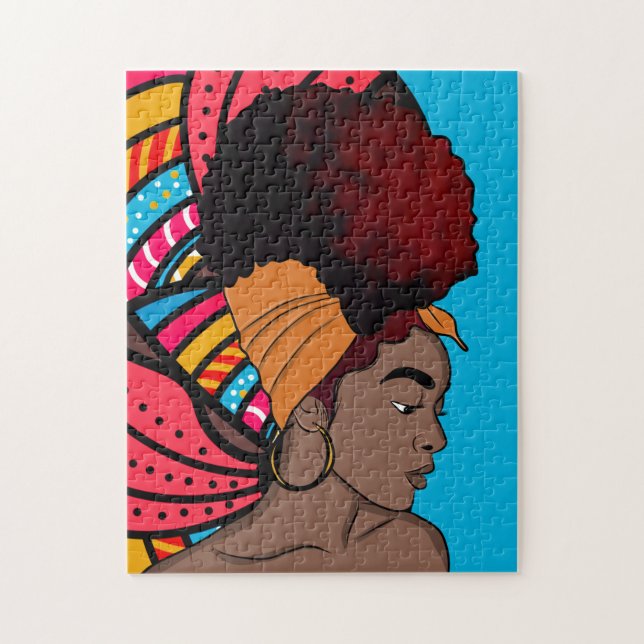 Black Woman, Wrapped Natural Hair, Colourful Blue Jigsaw Puzzle (Vertical)