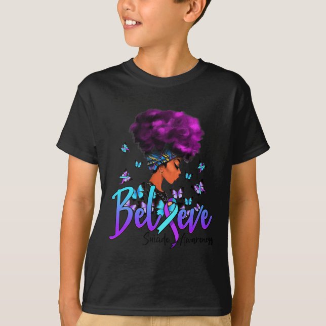 Black Women Believe Purple And Teal Ribbon Suicide T-Shirt (Front)