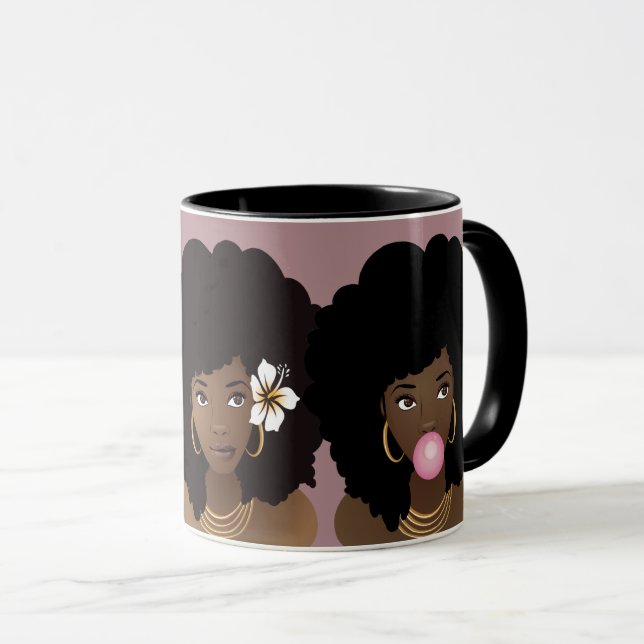Black Women Friends, Annoyed, Flower, Bubblegum Mug (Front Right)