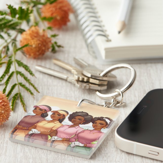 Black Women Golfing Ball Marker Key Ring (Front Right)