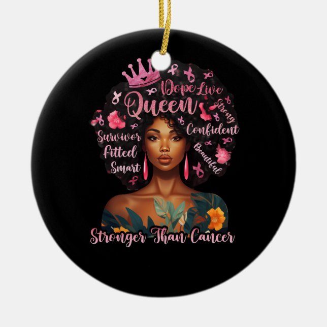 Black Women Queen Stronger Than Breast Cancer Pink Ceramic Tree Decoration (Front)