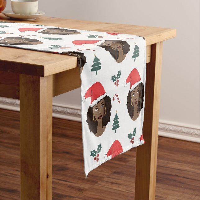 Black Women, Red Santa Hat, Christmas Pattern Medium Table Runner (In Situ)