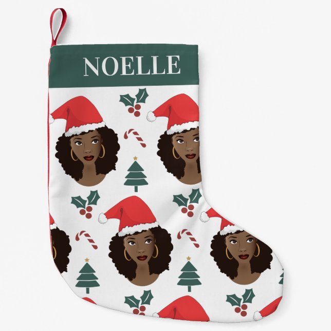 Black Women, Red Santa Hat, Christmas Pattern Small Christmas Stocking (Front)