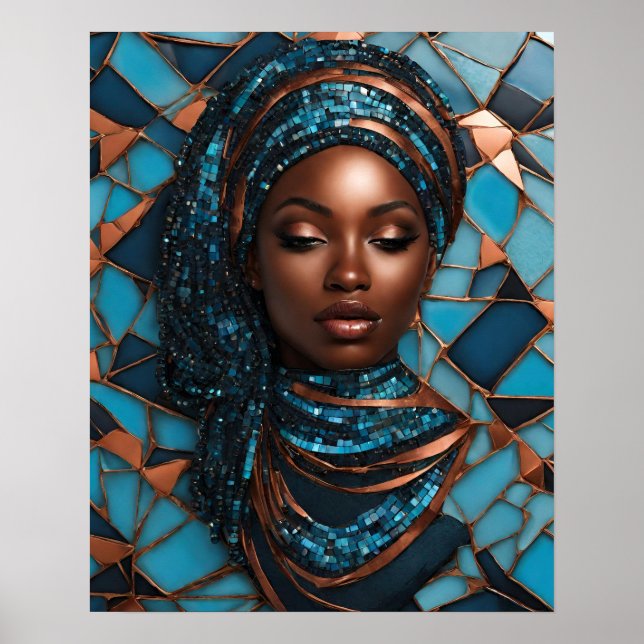 Black Womens Blue Copper Mosaic Face Wall Art (Front)