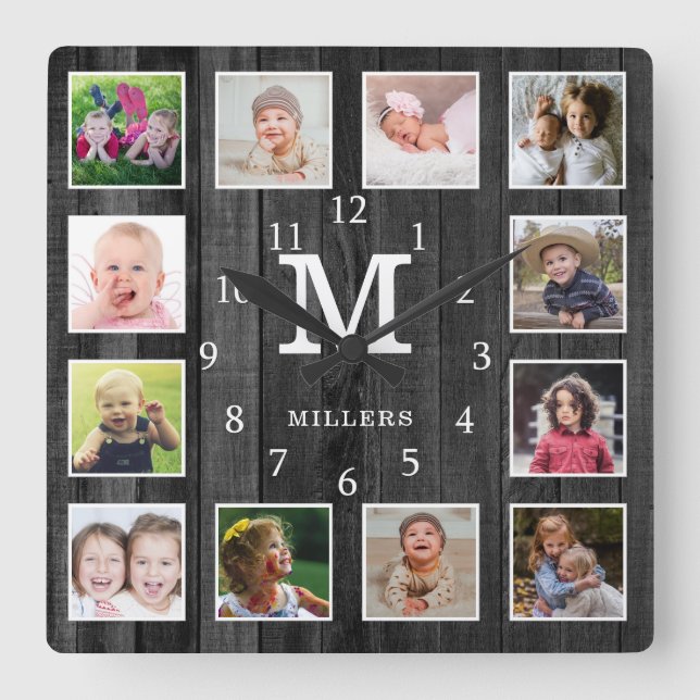 Black Wood 12 Photo Collage Family Name Monogram  Square Wall Clock (Front)