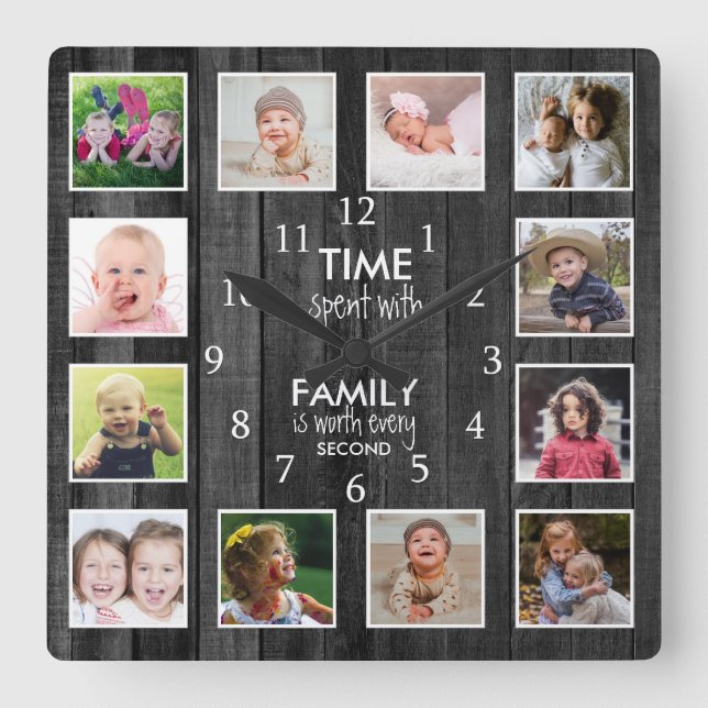 Black Wood 12 Photo Template Time Family Quote Square Wall Clock (Front)