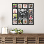 Black Wood 12 Picture Collage Grandchildren Quote Square Wall Clock<br><div class="desc">A rustic wood photo collage clock with a beautiful quote "Grandchildren are a blessing from above". Personalise with 12 family photos and names to make it a memorable keepsake gift for grandparents.</div>