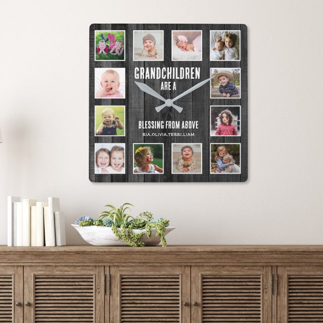 Black Wood 12 Picture Collage Grandchildren Quote Square Wall Clock (Grandparents gift - grandchildren picture frame clock)