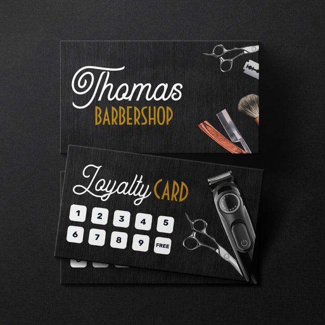 Black Wood Barber Shop Photo Scissor Hair Clipper Loyalty Card (Creator Uploaded)