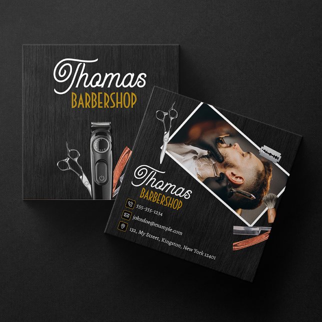 Black Wood Barber Shop Photo Scissor Hair Clipper Square Business Card (Creator Uploaded)