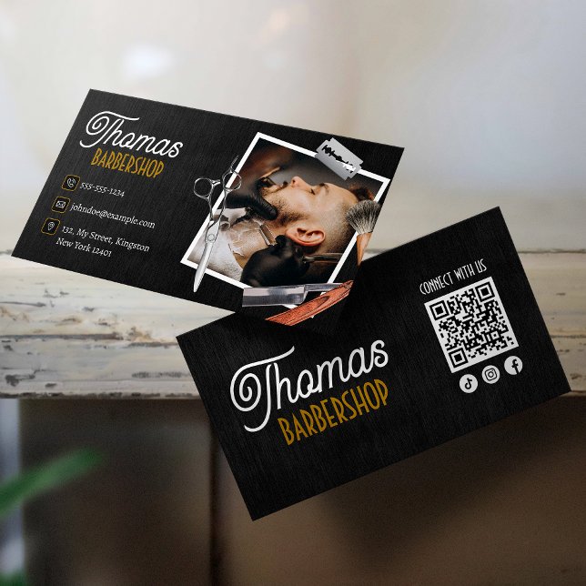 Black Wood BarberShop Hair Clipper Connect with us Business Card (Creator Uploaded)