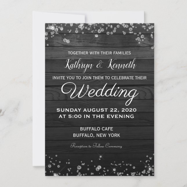 Black Wood Diamonds Wedding Invitation (Front)