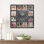 Black Wood Family Name Quote Farmhouse 12 Photo   Square Wall Clock<br><div class="desc">Showcase your cherished memories with this rustic wood family collage photo frame. Create a 12 photo collage using our easy-to-use template. Personalise it with your family name and year. Perfect for farmhouse décor, this unique picture frame allows you to beautifully display your family's special moments. Express how much you love...</div>