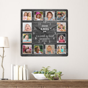 Black Wood Family Name Quote Farmhouse 12 Photo   Square Wall Clock