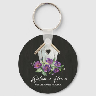 BLACK WOOD FLORAL BIRDHOUSE REAL WELCOME NEW HOME KEY RING