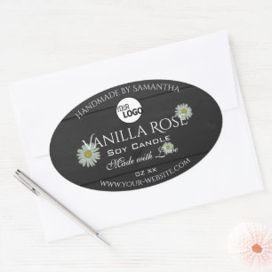 Black Wood Grain Product Labels Floral Daisy Logo