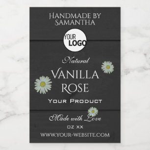 Black Wood Grain Product Labels Floral Daisy Logo