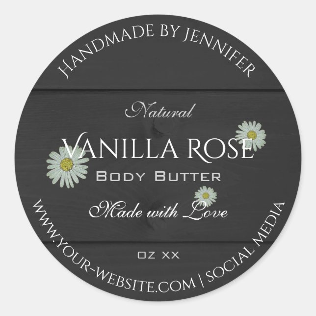 Black Wood Grain Product Packaging Labels Daisies (Front)