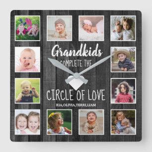 Black Wood Grandkids Quote 12 Photo Collage Square Wall Clock