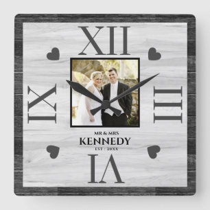 Black Wood Personalised Photo Wedding Anniversary Square Wall Clock