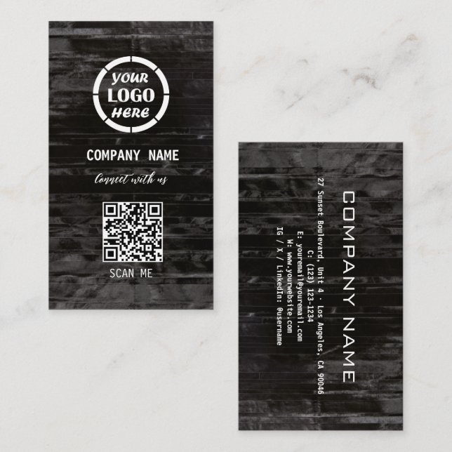 Black Wood Professional Design Modern QR Code  Business Card (Front/Back)