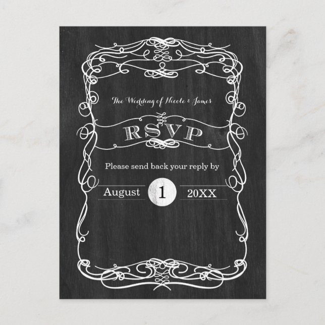 Black Wood & White Vintage Wedding RSVP Card (Front)