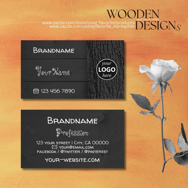 Black Wooden Boards Rustic Tree Bark Grain Logo Business Card (Creator Uploaded)