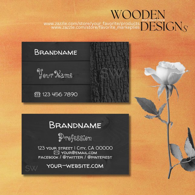 Black Wooden Boards Rustic Tree Bark with Monogram Business Card (Creator Uploaded)