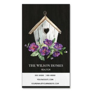 BLACK WOODEN FLORAL BIRDHOUSE REAL ESTATE REALTOR MAGNETIC BUSINESS CARD