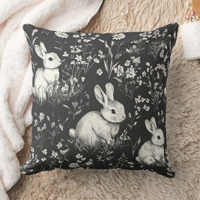 Black Woodland Bunny Botanical Pattern Cushion (Blanket)
