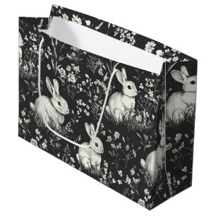 Black Woodland Bunny Botanical Pattern Large Gift Bag