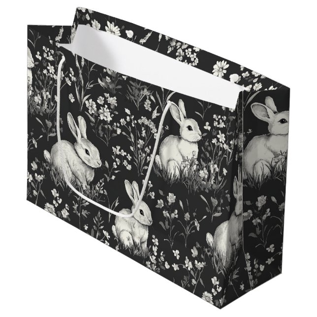 Black Woodland Bunny Botanical Pattern Large Gift Bag (Front Angled)
