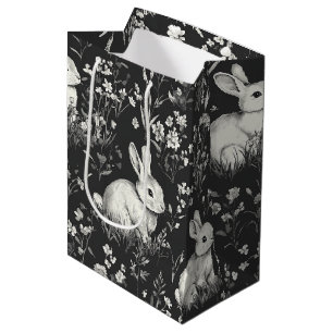Black Woodland Bunny Botanical Pattern Medium Gift Bag