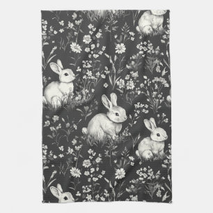 Black Woodland Bunny Botanical Pattern Tea Towel