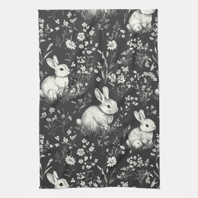 Black Woodland Bunny Botanical Pattern Tea Towel (Vertical)