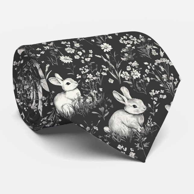 Black Woodland Bunny Botanical Pattern Tie (Rolled)
