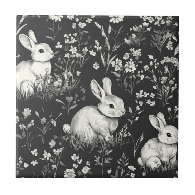 Black Woodland Bunny Botanical Pattern Tile (Front)